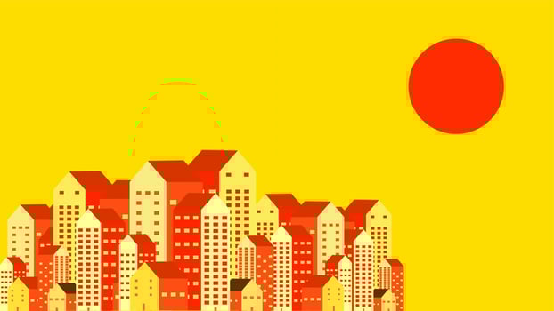 city or urbanscape flat design vector illustration. scene about cityscape building with sun at afternoon. wallpaper, environmental, global warming, pollution issue, thermal, climate change, poster