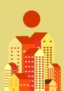 city or urbanscape flat design vector illustration. scene about cityscape building with sun at afternoon. wallpaper, environmental, global warming, pollution issue, thermal, climate change, poster