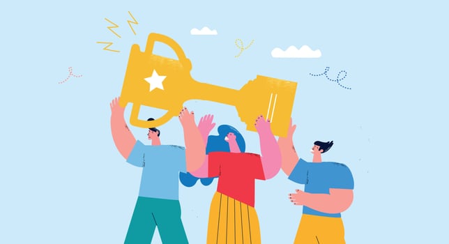 Winners team. Teamwork, friendship, cheerful group of people celebrating victory flat vector illustration. Business coworkers and colleagues success celebration and leadership. Prize winning people