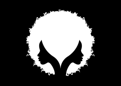 logo round design African american woman face profile with curly afro hair. Women profile hairstyle silhouette on the black background. Vector illustration isolated