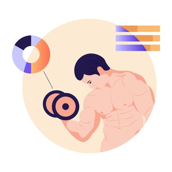 Person holding dumbbell, flat illustration of bodybuilder vector