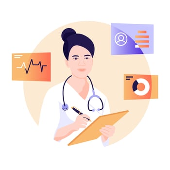 Person with stethoscope, flat illustration of lady doctor vector