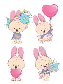 Cute bunny cartoon character, set of four poses vector