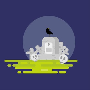 Halloween. Flat. Halloween. Vector illustration on a white background. Flat design style. Icon of a tombstone with a skull. On the gravestone sits a black crow. Detail cemetery.