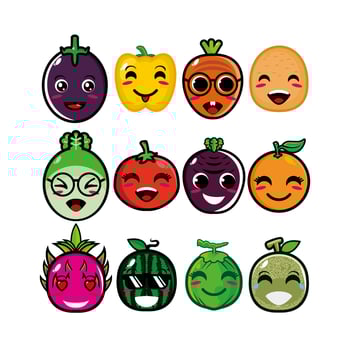 Happy cute smiling fruit and vegetable face set. Vector flat kawaii cartoon character illustration collection. Cute character fruit collection emoji set concept
