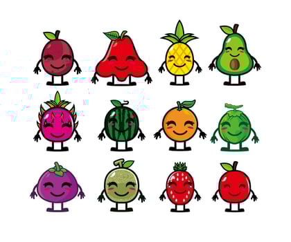 Happy cute smiling fruit face set. Vector flat kawaii cartoon character illustration collection. Cute character fruit collection emoji set concept