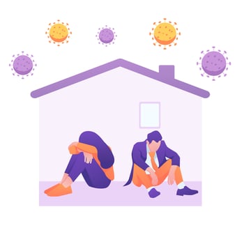 Solitude and depression from social distancing, isolated stay home alone in COVID-19 coronavirus crisis, anxiety from virus infection. vector