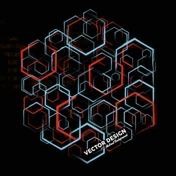 Modern abstract background in blue and red colors made of random hexagon shapes. Vector illustration.