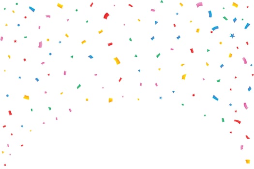 Confetti vector illustration for festival background. Red, green, golden, blue confetti on transparent background. Confetti falling on transparent background. Event and party celebration element.