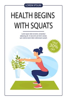 Sporty woman does squats. Fitness training advertising banner. Sit-ups, Healthy Lifestyle, Gym, Fitness, Training concept vector