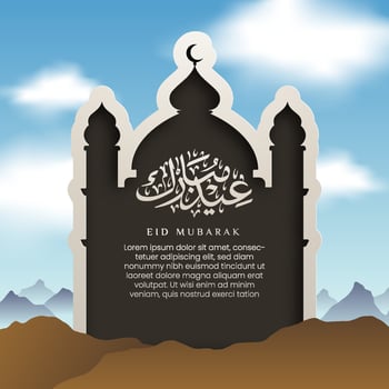 Beautiful Islamic illustration with Eid Mubarak in Arabic text and mosque design in paper cut style on a sunny day. Sunny landscape illustration with mountains and hills vector