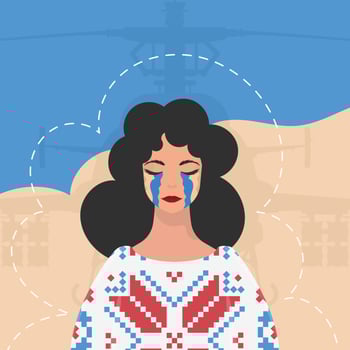 A woman sheds tears In an embroidered shirt against the background of the colors of the Ukrainian flag. Banner in support of Ukraine. Vector illustration.