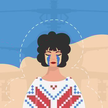 A woman sheds tears In an embroidered shirt against the background of the colors of the Ukrainian flag. Banner in support of Ukraine. Cartoon style. vector
