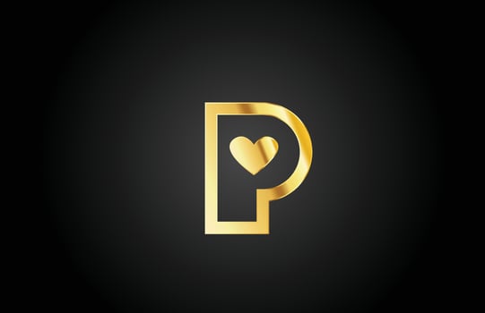 gold golden P love heart alphabet letter logo icon design. Creative template for company or business vector
