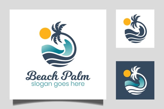 round water wave in ocean, beach palm tree logo design with sun symbol for vacation, holiday, summer icon vector