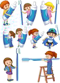 Set of happy kids holding dental cleaning equipment on white background vector