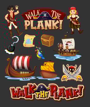 Set of pirate cartoon characters and objects vector