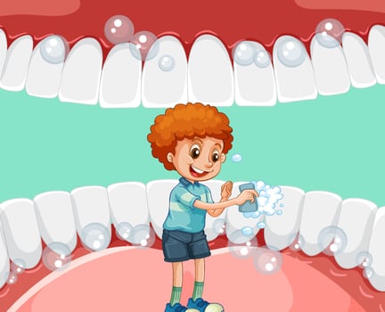 A little boy cleaning teeth inside human mouth vector