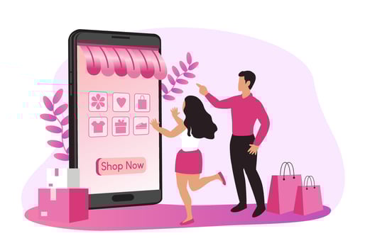 Women happy with shopping on mobile pay by credit card. Shopping online in an online store on a website or mobile application. vector concept loves shopping. Design for Sale banner, Digital marketing.