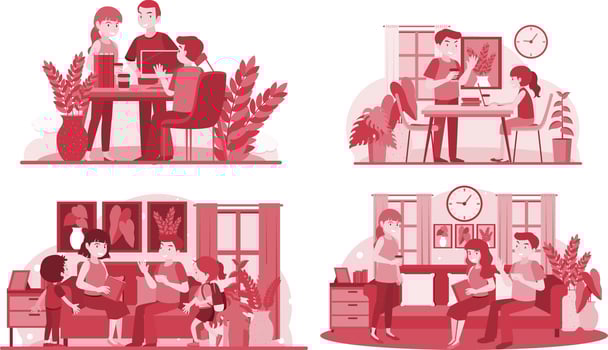 Four scenes of people working at home vector