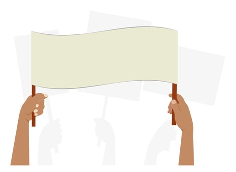 People with placards. Hands holding blank banners. Protest of activists with empty sign. Woman demonstration. Vector illustration.