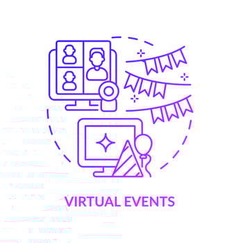 Virtual events purple gradient concept icon. Advertisement online. Internet campaign. Marketing trend abstract idea thin line illustration. Isolated outline drawing. Myriad Pro-Bold font used vector