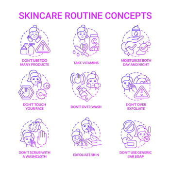 Skincare routine purple gradient concept icons set. Cosmetological procedures for face idea thin line color illustrations. Isolated outline drawings. Roboto-Medium, Myriad Pro-Bold fonts used vector
