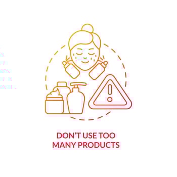 Dont use too many products red gradient concept icon. Beauty and health. Skincare routine abstract idea thin line illustration. Isolated outline drawing. Roboto-Medium, Myriad Pro-Bold fonts used vector