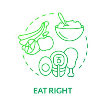 Eat right green gradient concept icon. Balanced nutrition. Organic products for health abstract idea thin line illustration. Isolated outline drawing. Roboto-Medium, Myriad Pro-Bold fonts used vector