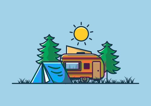 Camping van and tent between pine trees illustration vector