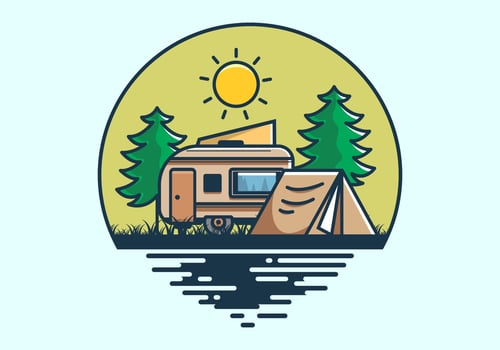 Camping van and tent between pine trees illustration vector