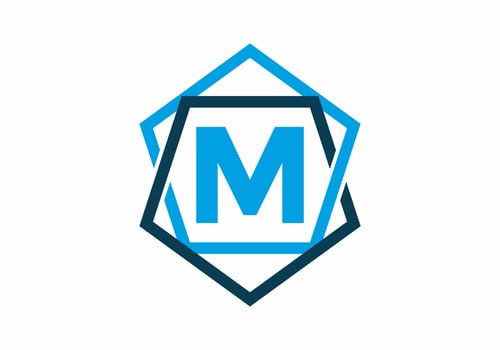 Blue color of initial letter M in pentagon frame vector