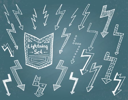 Set of hand drawn lightning on blue background. vector