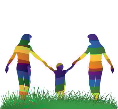 Lesbian parents walking with their kid. vector