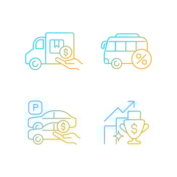 Corporate perks at work gradient linear vector icons set. Relocation assistance. Employee transportation. Parking spot. Thin line contour symbols bundle. Isolated outline illustrations collection