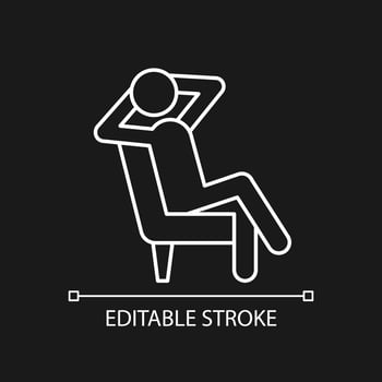 Relax white linear icon for dark theme. Man sitting in relaxed pose. Human taking break from work. Thin line customizable illustration. Isolated vector contour symbol for night mode. Editable stroke