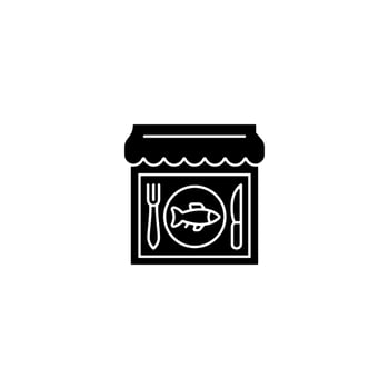 Seafood restaurant black glyph icon. Serving fish and shrimps. Mediterranean cuisine. Marine products cooking. Fishing industry. Silhouette symbol on white space. Vector isolated illustration