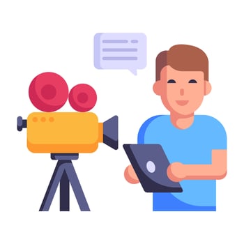 Boy standing with camcorder, concept of video chat flat icon vector