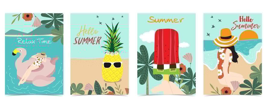 Summer postcard with women,flower,beach,tree,pineapple,ice cream and leaf vector