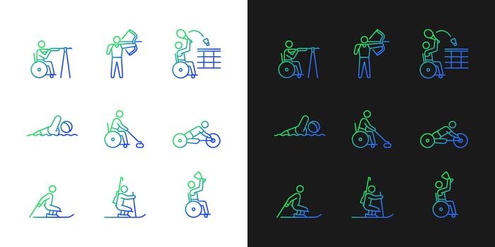 Athletes with disabilities gradient icons set for dark and light mode. People with disability. Thin line contour symbols bundle. Isolated vector outline illustrations collection on black and white