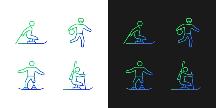 Winter season athletics gradient icons set for dark and light mode. Disabled sportsmen. Thin line contour symbols bundle. Isolated vector outline illustrations collection on black and white