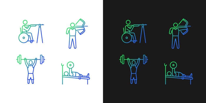 Single adaptive contests gradient icons set for dark and light mode. Sportsman with disability. Thin line contour symbols bundle. Isolated vector outline illustrations collection on black and white