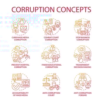 Corruption forms concept icons set. Corrupted government idea thin line color illustrations. Bribe in government. Embezzlement of money. Transparent decission making. Vector isolated outline drawings.