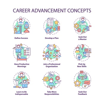 Career advancement concept icons set. Improvement in work. Successful employee. Professional development idea thin line color illustrations. Vector isolated outline drawings. Editable stroke