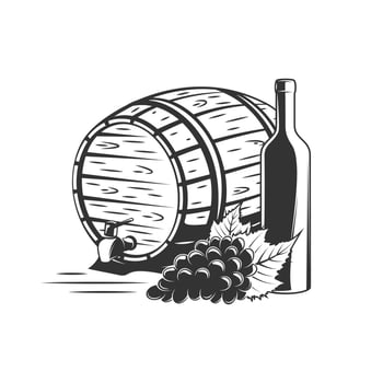 Bunch of grapes, wooden barrel and bottle of wine vector
