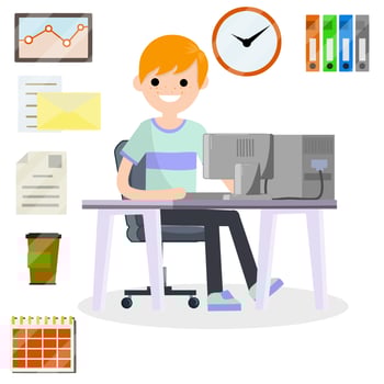 Man sitting at computer in office. Cartoon flat illustration. vector