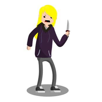 Angry young woman with knife. Street Crime. vector