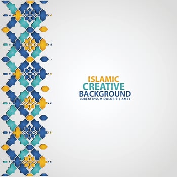 Islamic design greeting card background template with ornamental colorful detail of floral mosaic islamic art ornament vector