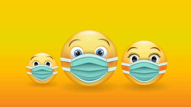 Be responsible and protected - a family of 3D yellow emoticons in medical masks. Wear a medical mask to prevent the spread of the disease. Vector illustration