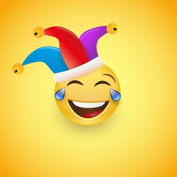 Face with tears of joy emoticons in a clown hat. Laughing to tears. Happy April, 1. Vector illustration.